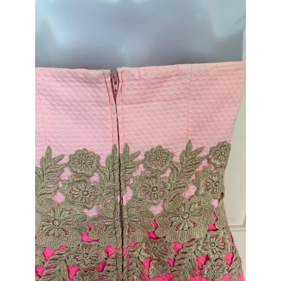 Lilly Pulitzer Kade Pink Barbie Strapless Dress With Gold Lace Accent & Back Zip - Picture 5 of 7